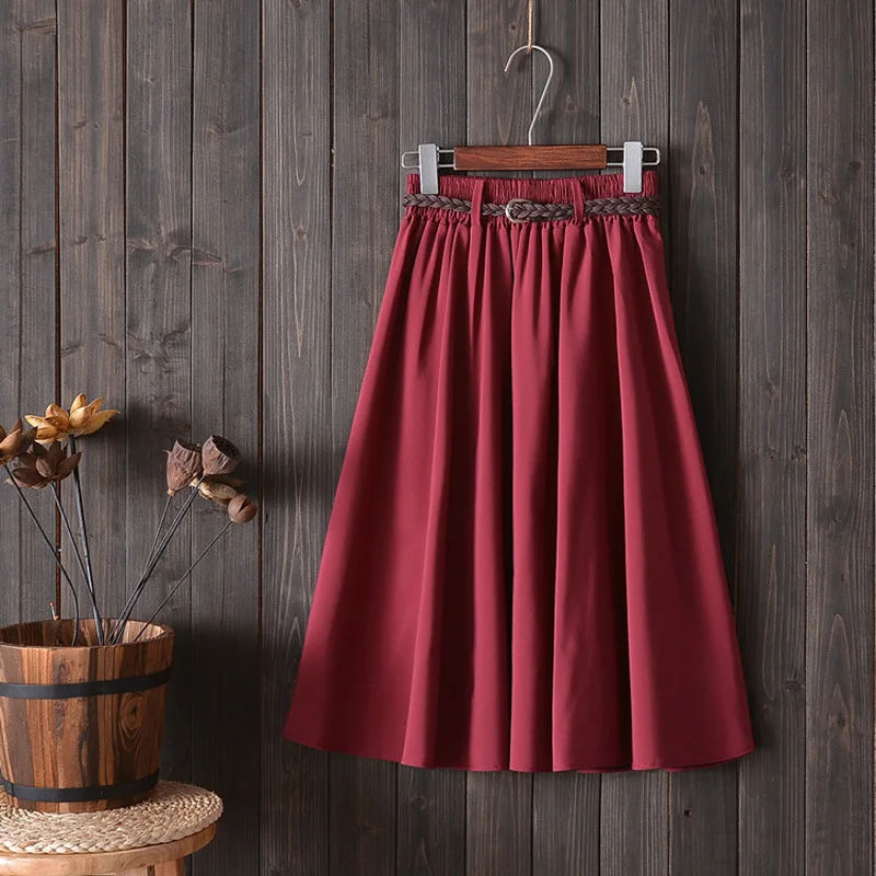 Ueong Ueong New College Wind Small Fresh Literary A Word Skirt Versatile Long Skirt Female Send Belt