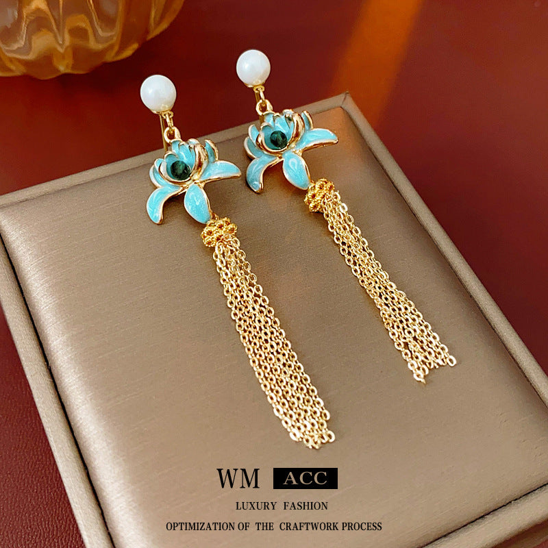 Luxurious Flower Lotus Flower Artificial Pearl Oil Dripping Earrings