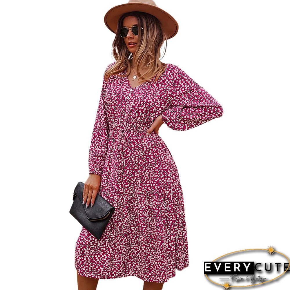 Red Floral Print V Neck Long Sleeve Dress