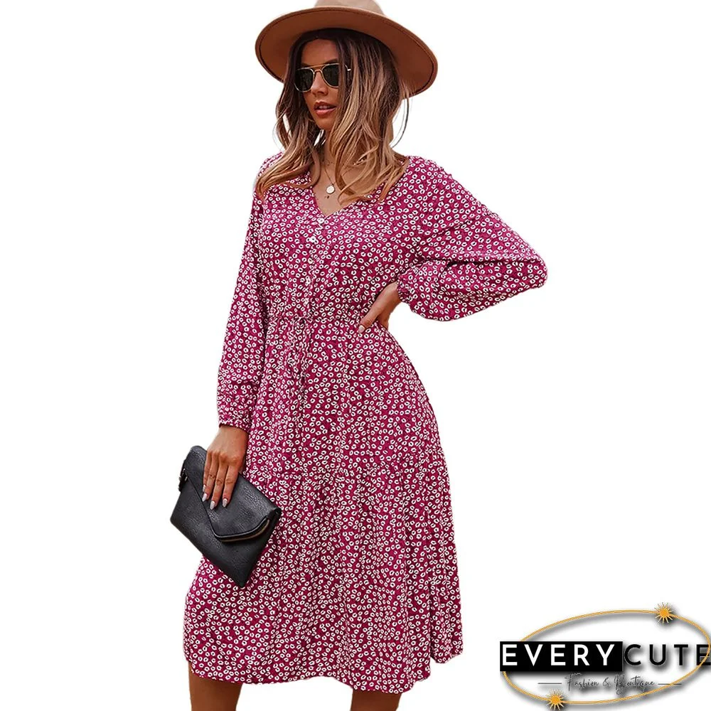 Red Floral Print V Neck Long Sleeve Dress