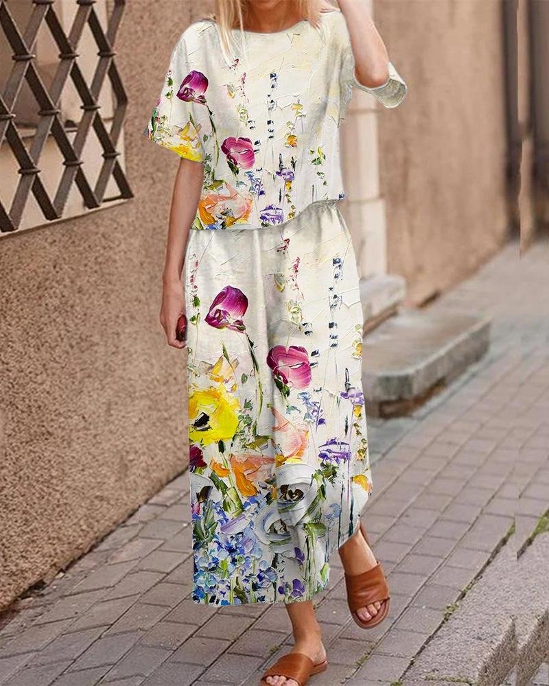 Casual Short Sleeve Floral Print Suit
