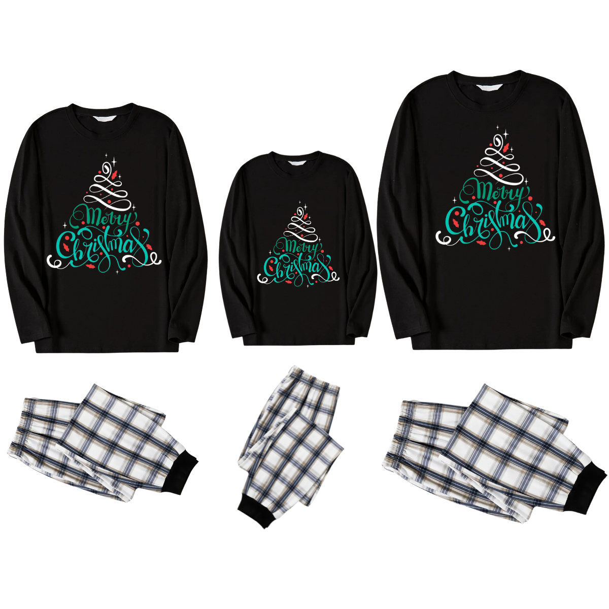 Merry Christmas Under Tree (Green) - Black Long Sleeve Top with Black And White Plaid Pants Family Matching Pajamas