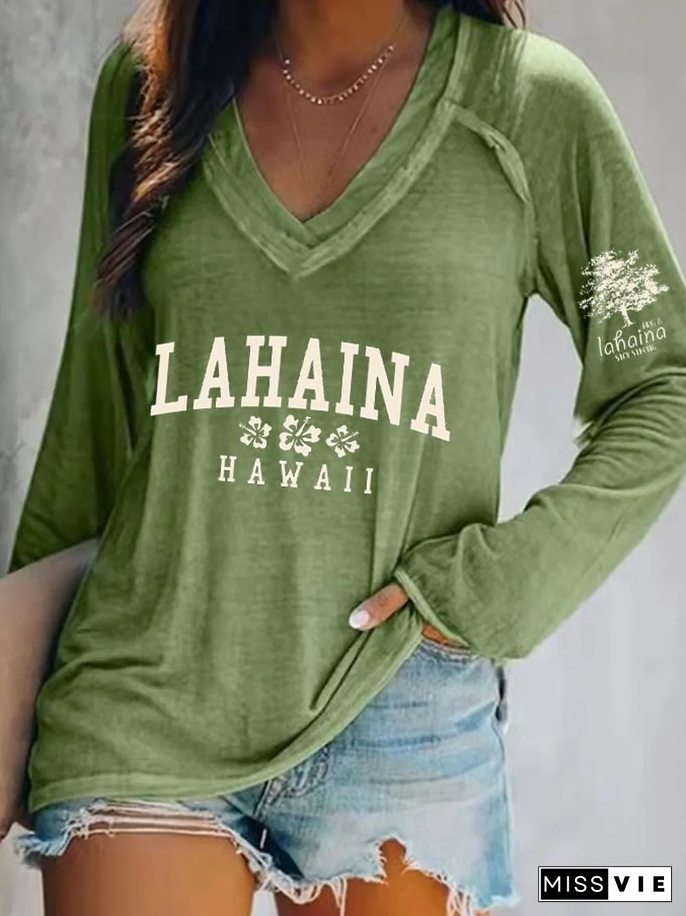 Women's Lahaina Strong Hawaii Tree of Life Aug 8 Hibiscus Print V-Neck Top