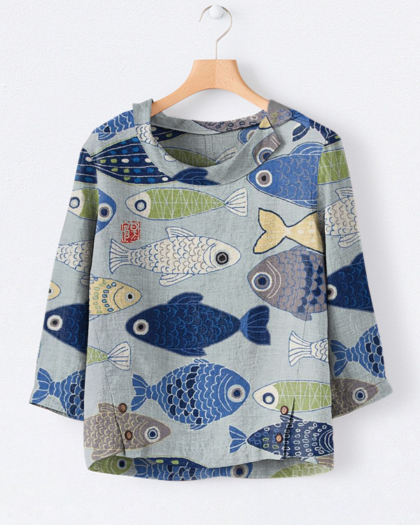 Japanese Fish Art Print Casual Lapel Top