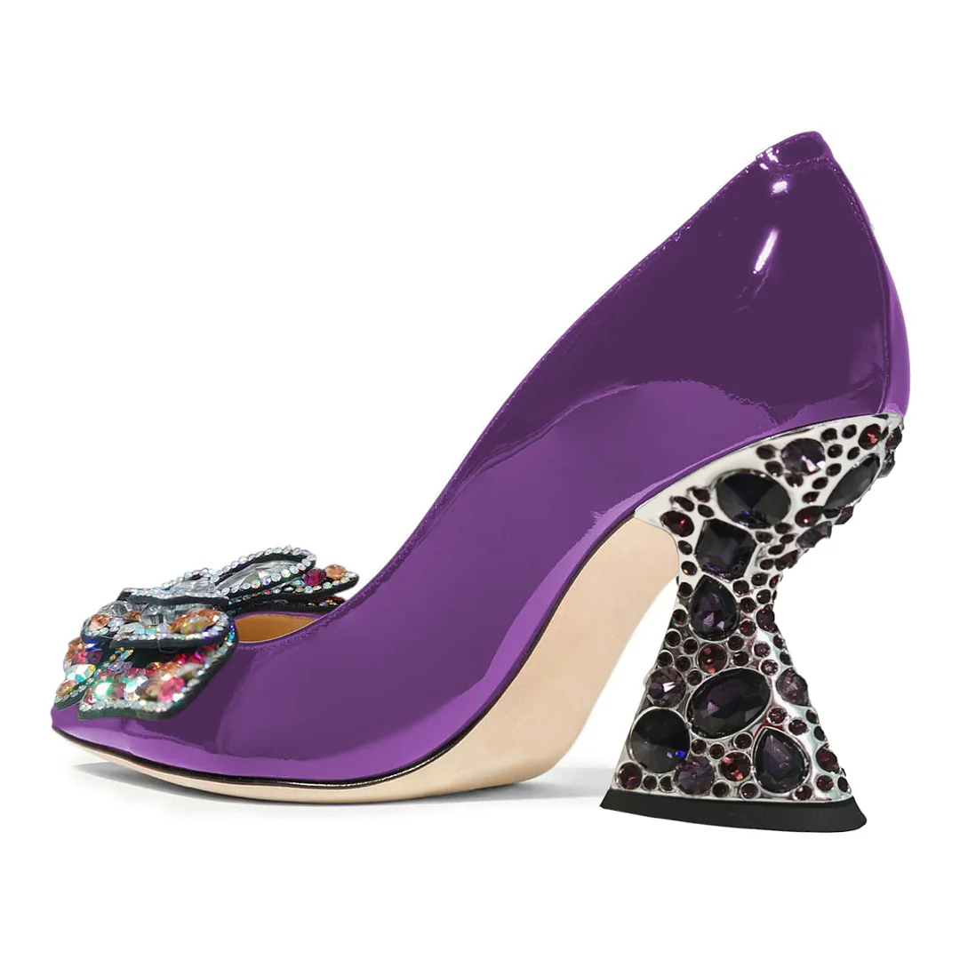 Patent Leather Pointed Butterfly Decorative Heel Pumps in Purple   