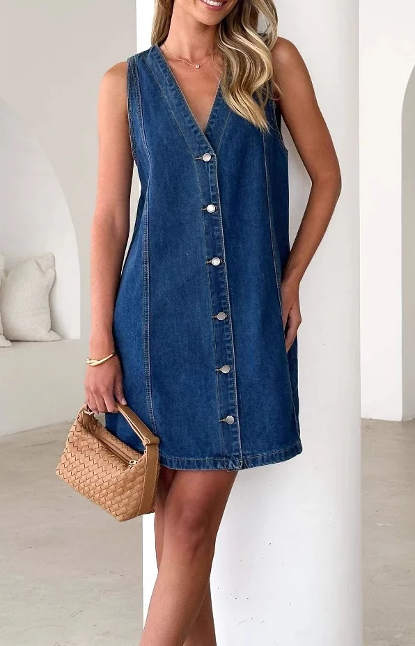 Women's Retro V-neck Single-breasted Sleeveless Denim Dress Vest Dress