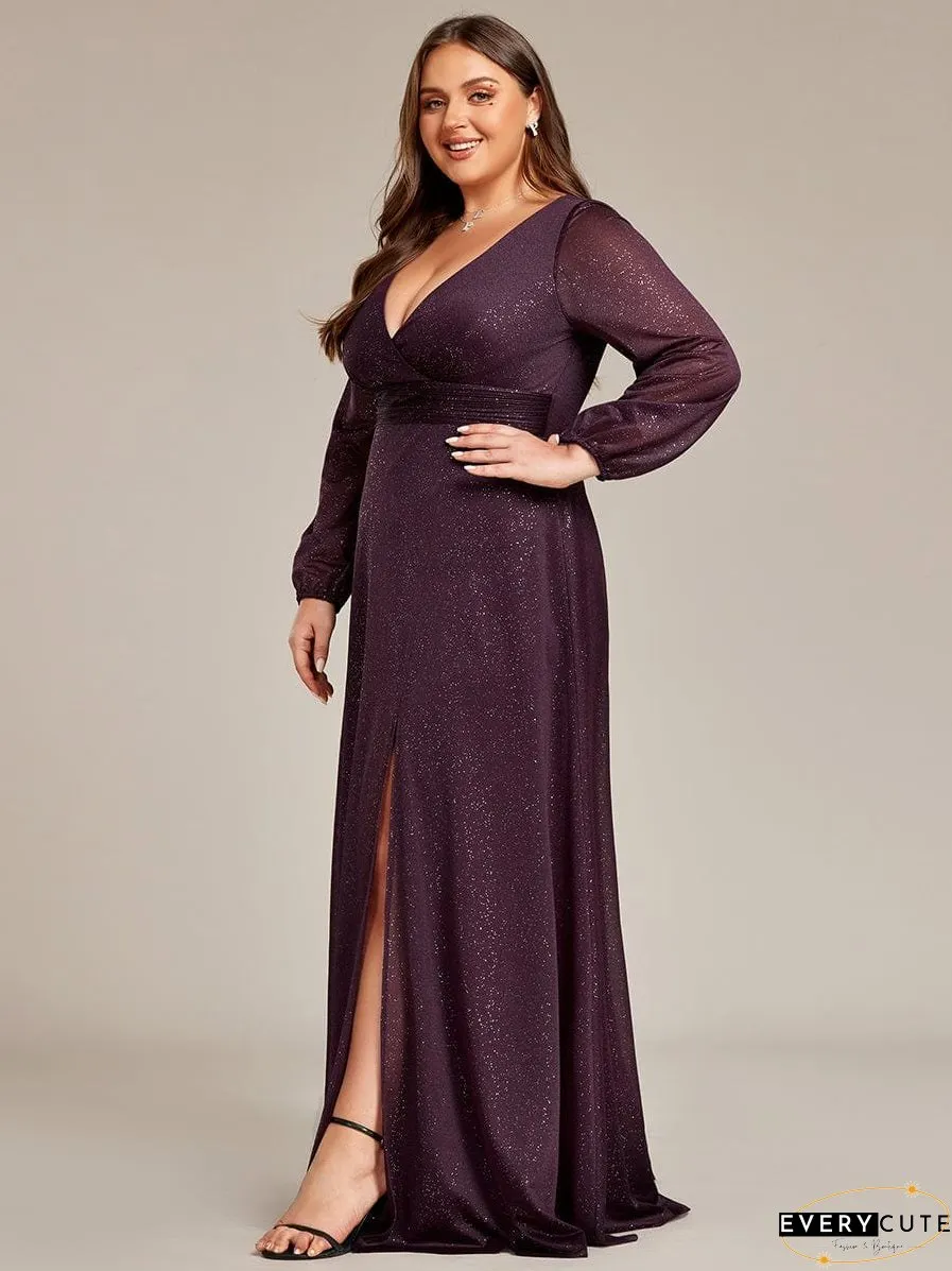 Shiny Puff Sleeve V-Neck Evening Gown for Curvy Women