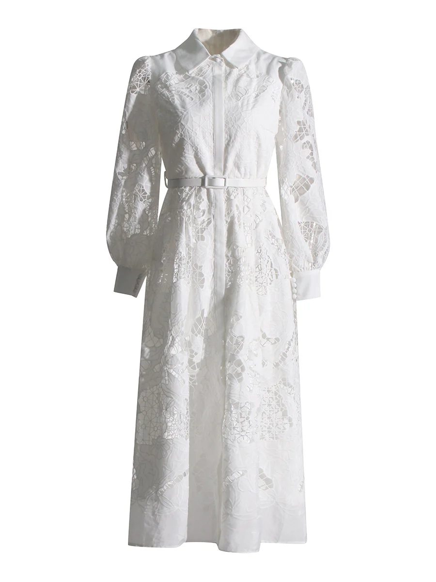 Uaang Vintage Wind 2025 Summer New Clip Long Lantern Sleeves Medium Embroidery Empty Solid Color Dress Woman