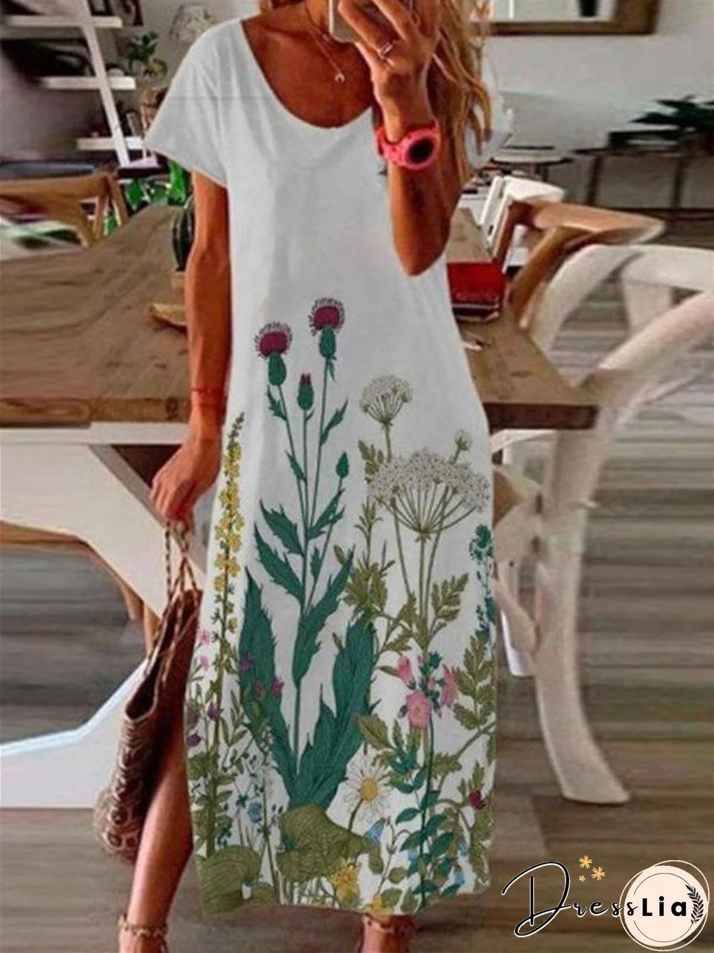 White Short Sleeve Plants Printed Women Long Dress