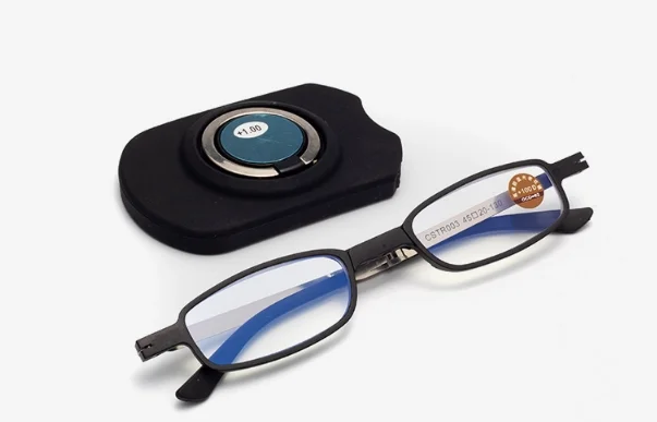 Blue light blocking reading glasses metal square folding glasses with mobile phone holder function