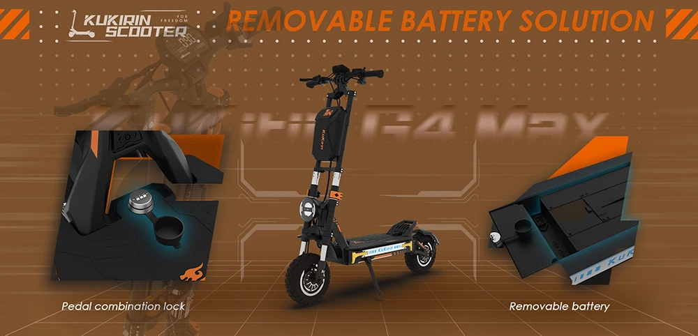 KuKirin G4 Max 越野电动滑板车，2*1600W 无刷轮毂电机，12 英寸越野充气轮胎，60V 35.2Ah 电池，最大续航里程 95 公里，最高时速 86 公里/小时，前后活塞油压刹车，IP54 防水