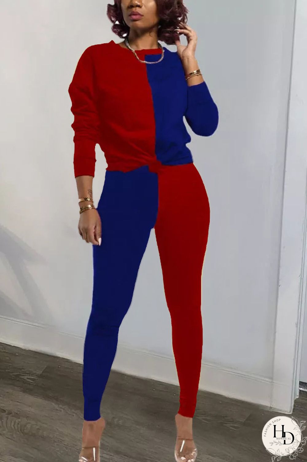 rose red and blue Polyester Sexy Patchwork Solid pencil Long Sleeve Two Pieces