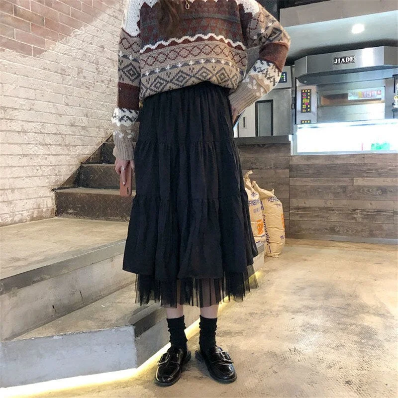 Long Tulle Midi Skirts Womens 2022 Spring Elastic High Waist Mesh Tutu Pleated Faldas Female Black White Long Jupe Streetwear