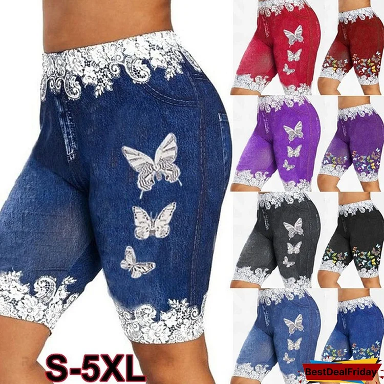 Women Fashion Skinny Casual Denim Jeggings Lace Up ButterflyPrint Shorts Leggings CapriShorts Plus Size S-5XL