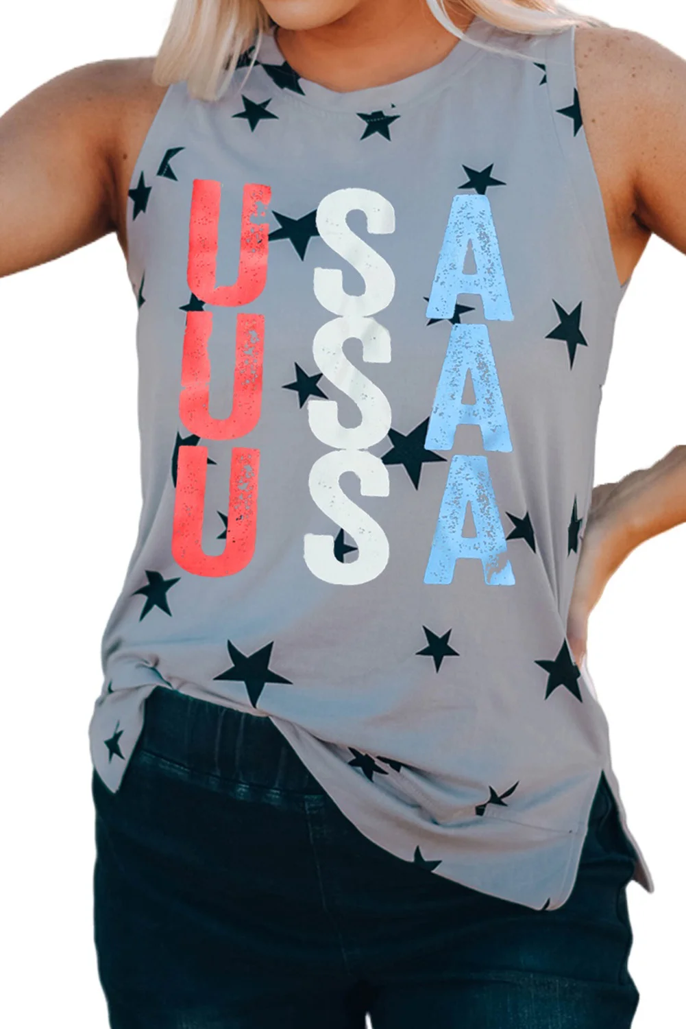 Gray USA Letter Stars Printed Crew Neck Tank Top with Slits