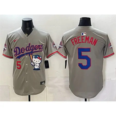 Youth Los Angeles Dodgers #5 Freddie Freeman Grey Hello Kitty Night 2025 World Series Champions Patch Stitched Baseball Jersey