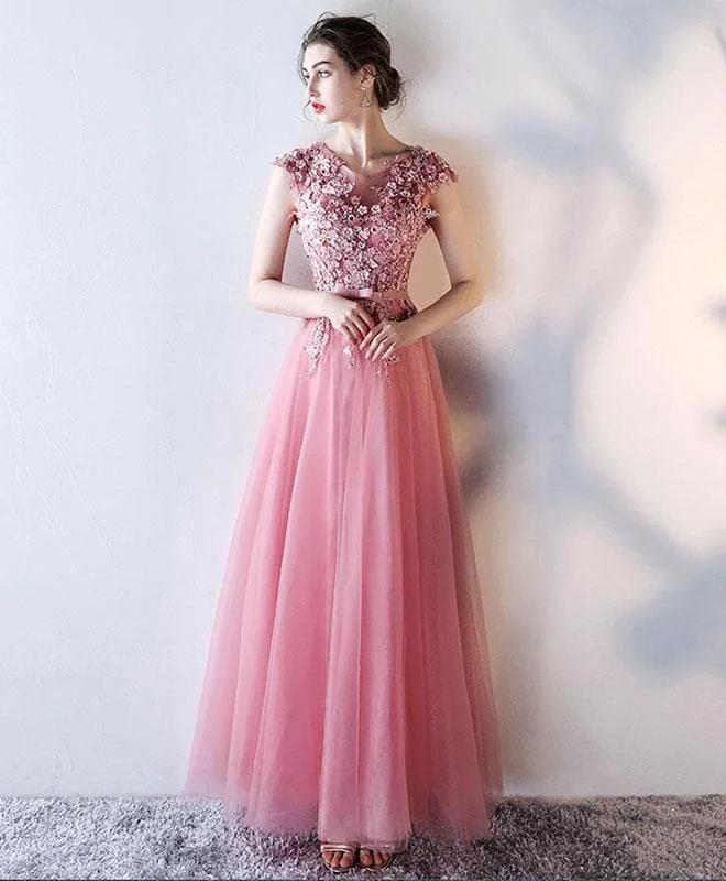 Pink Lace Applique Long A Line Prom Dress, Pink Evening Dress