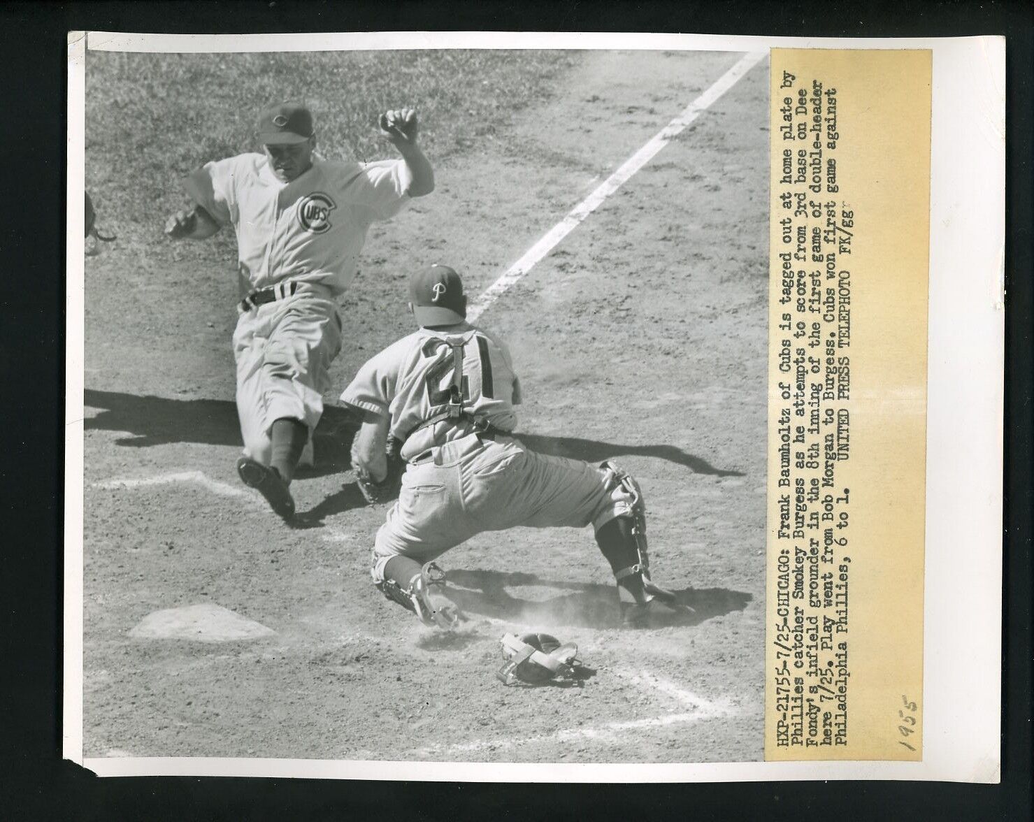 Frank Baumholtz & Smoky Burgess 1955 Press Photo Poster painting Chicago Cubs Phillies