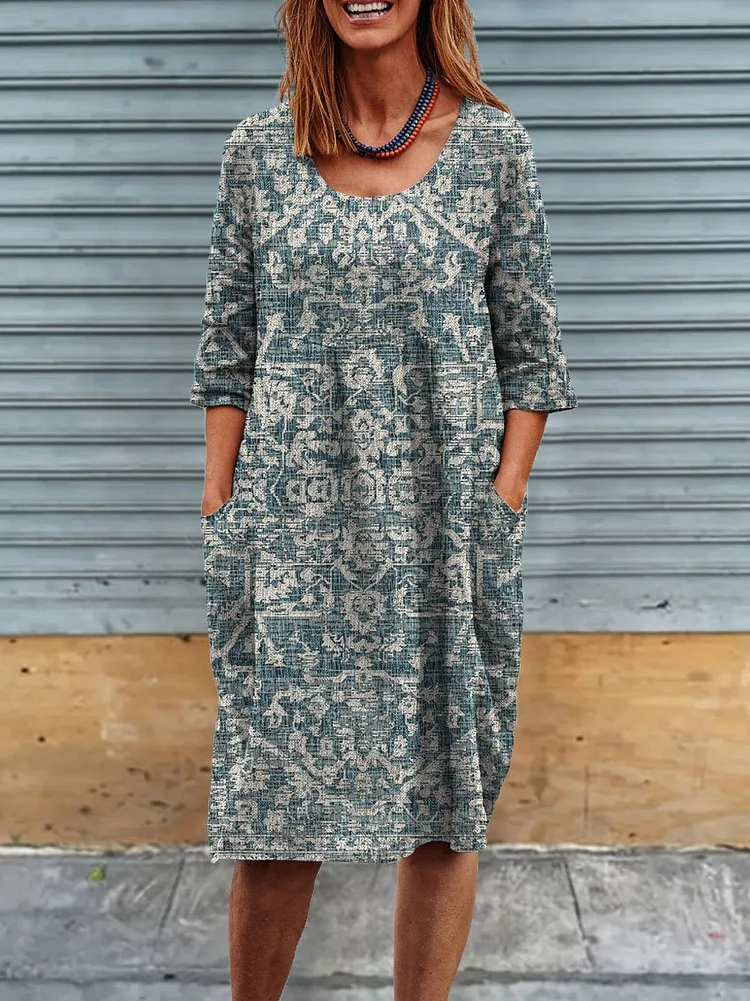Womens Retro Art Print Linen Pocket Tunic Dress
