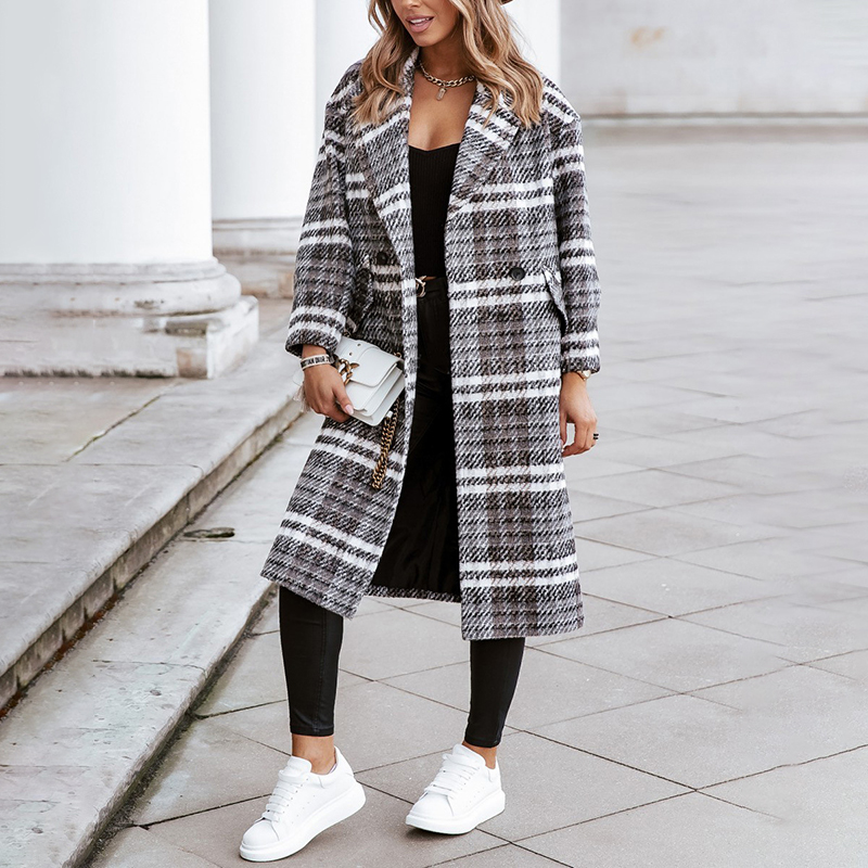 Women Fashion Plaid Color Block Lapel Long Woolen Coat wearshes