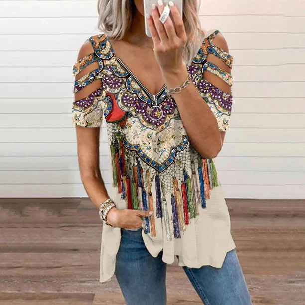 Comstylish Vintage  Ethnic Pattern Women'S Off-The-Shoulder T-Shirt