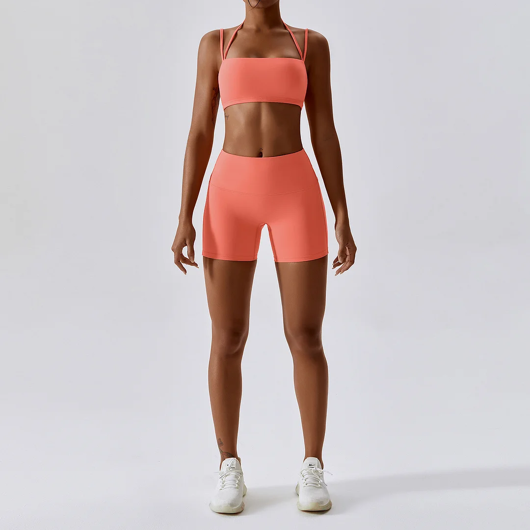 Solid thin strap bra + Leggings two-piece set