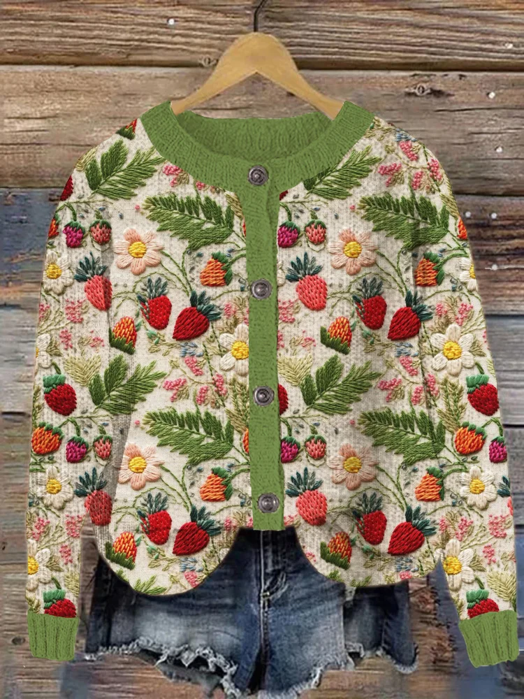 VChics Strawberry Daisy Embroidery Art Cozy Knit Cardigan