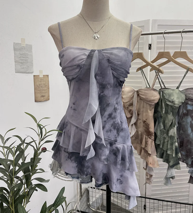 Uveng Real Shooting 2025 Spring And Summer New With Chest Cushions Dyed Mesh Sling Sling Vest Irregular Lotus Leaf Side Top 1139