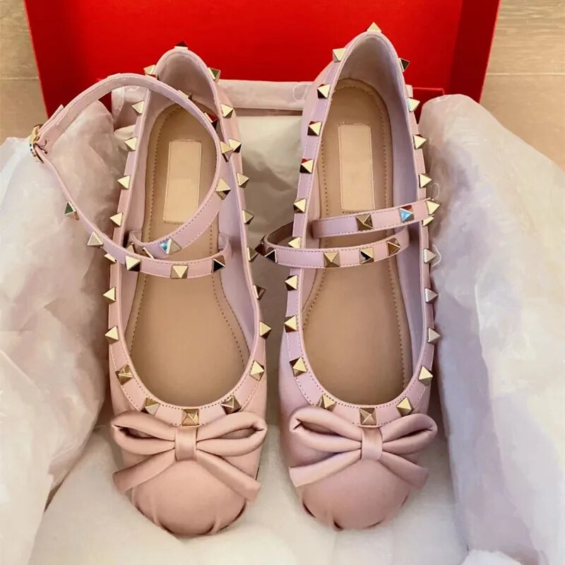 VCSHOES Rose Red Rivet Bowknot Flat Cross Buckle Ballet Shoes Woman Nude Pink Round Toe Satin Shoes