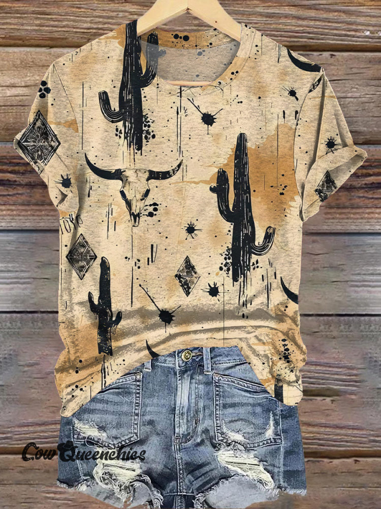 Vintage Cow Wilderness Print Casual T-Shirt Beige / S