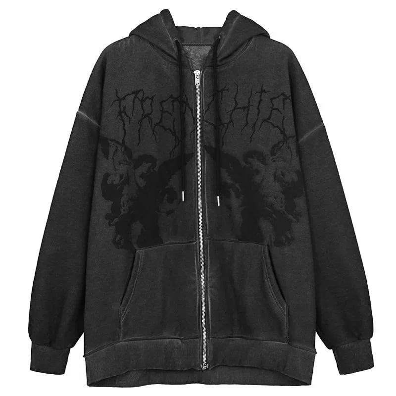 Hip Hop Streetwear Women Hoodies Goth Angel Dark Print Zipper Jacket Coat Harajuku Y2K Hooded Top Clothes Men Women Punk Outwear 1010