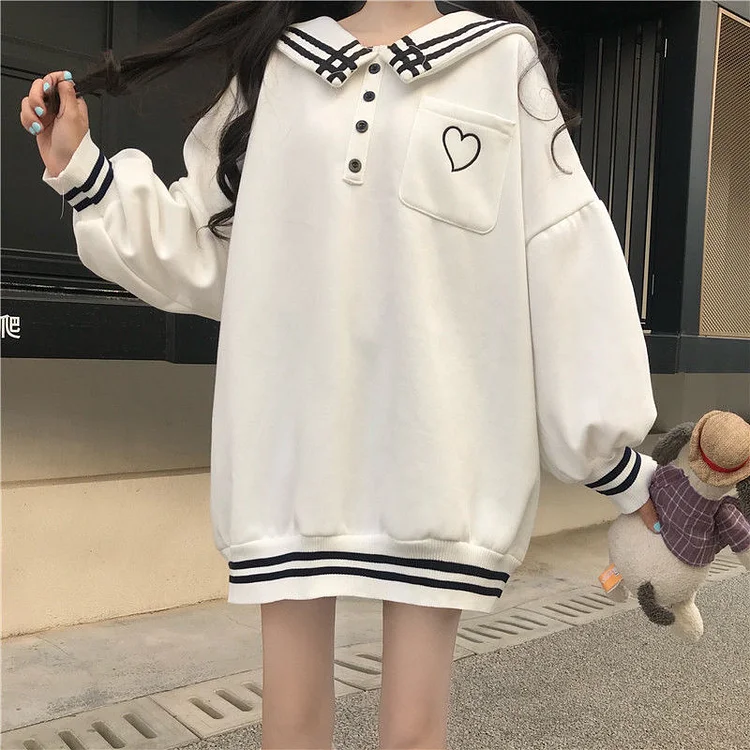 Sailor Collar Kawaii White Sweatshirt - Gotamochi Kawaii Shop, Kawaii Clothes