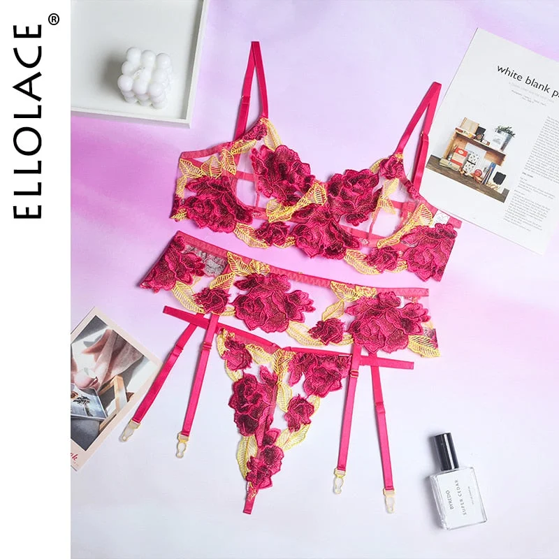 Ellolace Floral Lingerie Sexy Fancy Underwear Embroidery Erotic Brief Sets Lace Transparent Underwire Bra And Thong with Garters