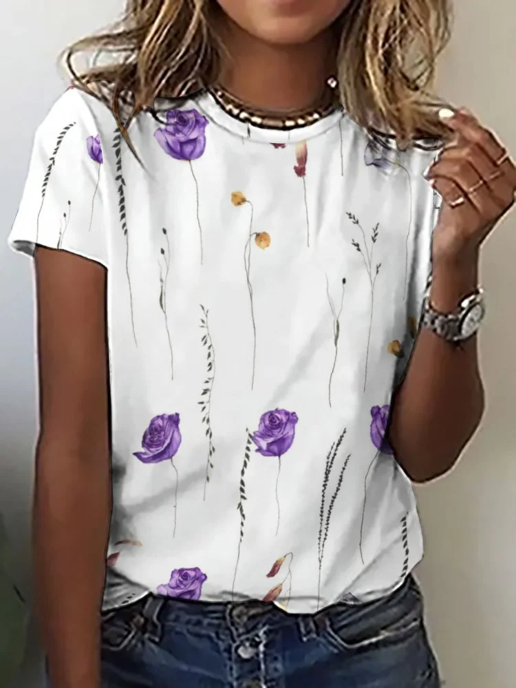 Printed Short Sleeve Casual T-shirt for  Women and Men Unisex Pattern Floral, Purple, Rose