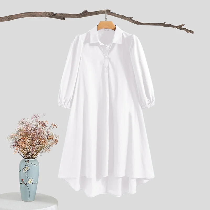 VONDA Women Knee-Length Dress 2022 Casual Button Down 3/4 Sleeve Lapel Collar Shirt Dresses Casual Irregular Hem Baggy Sundress