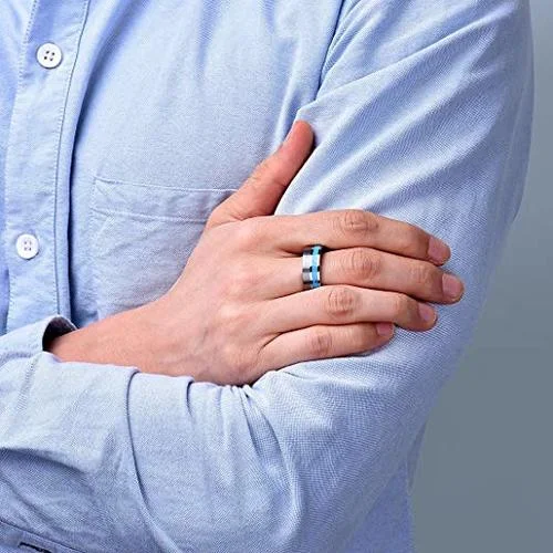 6MM 8MM Women's Or Men's Blue Turquoise Inlay Tungsten Carbide Wedding Matching Rings with Matte Silver Tone Top Comfort Fit