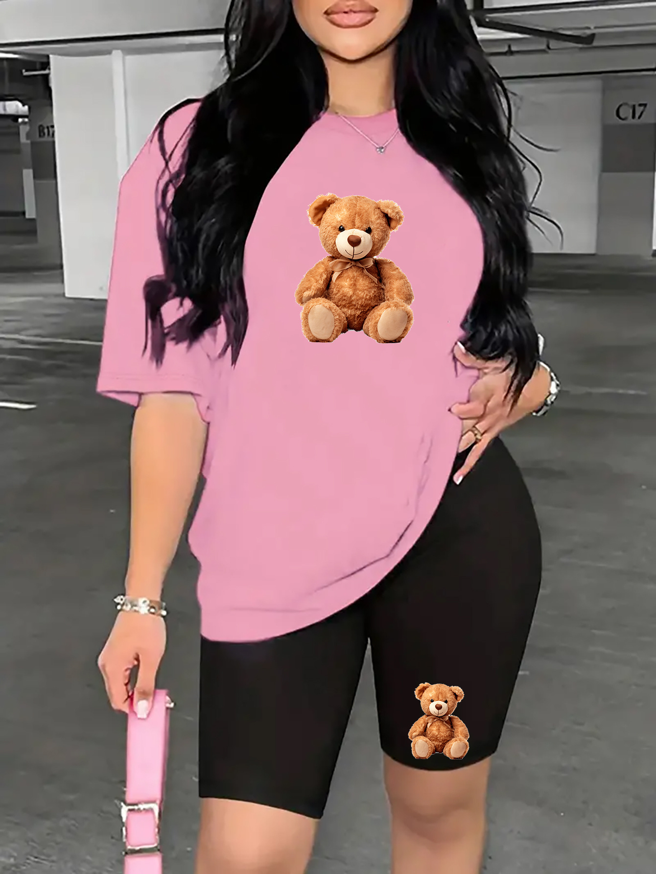 Cartoon Bear Printed Two-Piece Suit, Short-Sleeved T-Shirt And Motorcycle Shorts 2pcs Set, Casual Sports Spring And Summer Wear, Women's Clothing Exercise Yoga Set Lightweight& Breathable Comfort Fit | IFYHOME