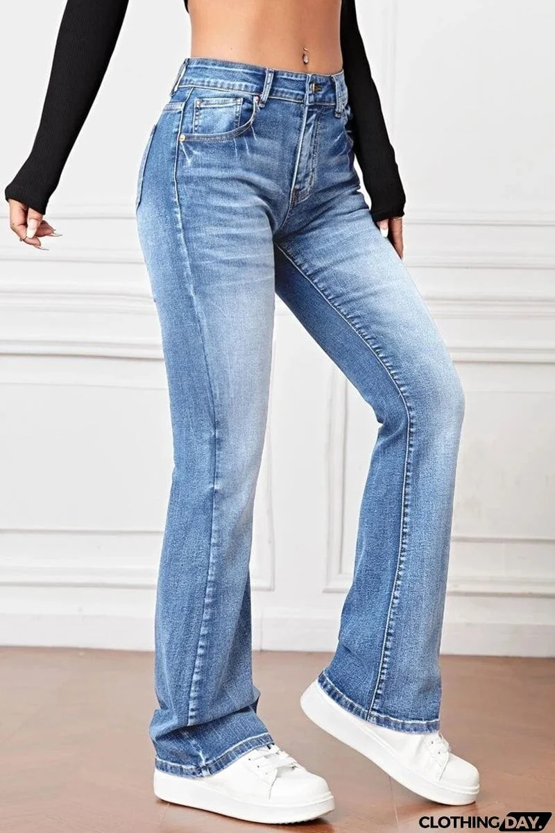 Casual Solid Pocket High Waist Denim Jeans