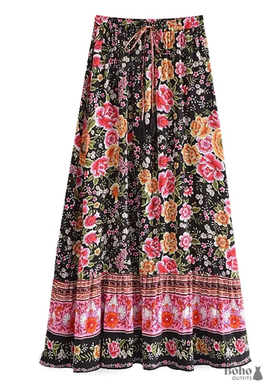 Boho Skirts in Eulalie Balck Pink Flower For Women