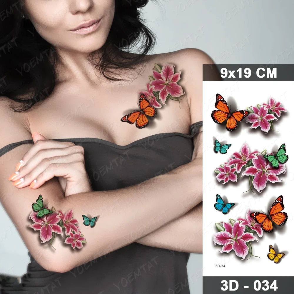 Temporary Tattoos Sticker For Women Body Art Tattoo Sticker 3d Butterfly Rose Flower Feather Tattoo Waterproof Halloween Gift