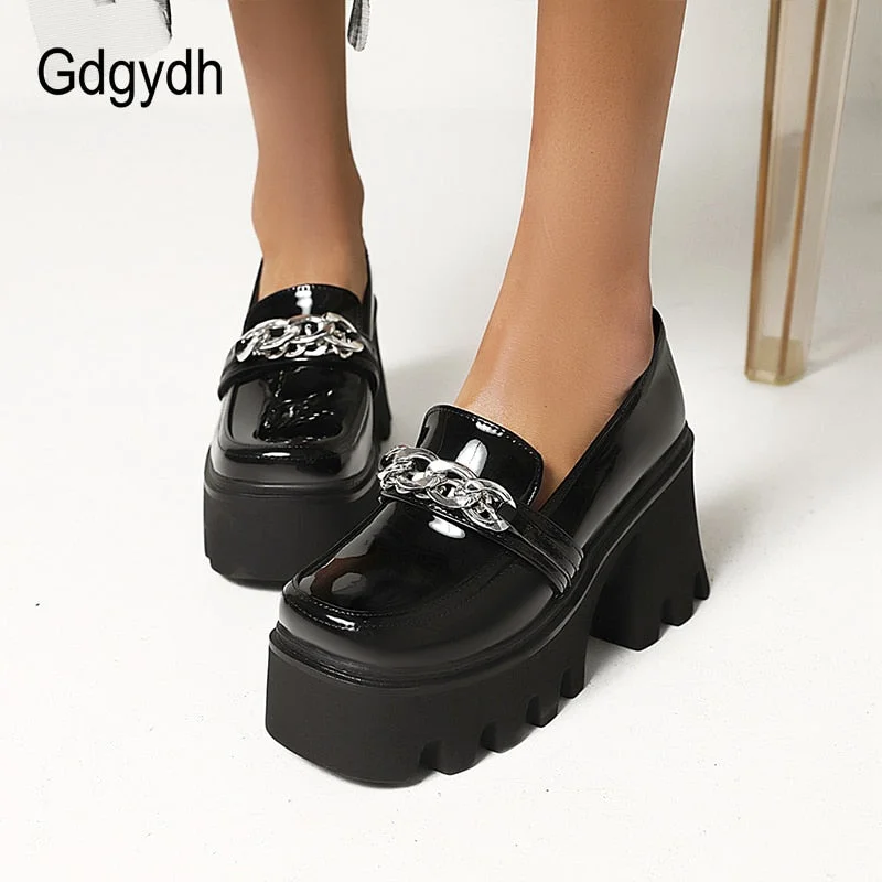 Gdgydh Metal Chain Platform Lolita Goth Japanese School Shoes For Girls Patent Leather Square Toe Women Pumps Block Heel Size 43