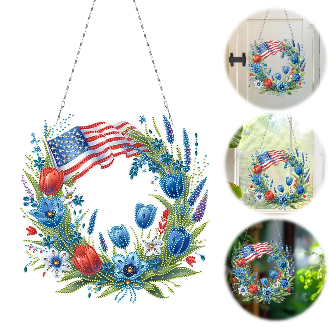DIY Independence Day Wreath 5D Diamond Painting Dots Pendant for Window Wall