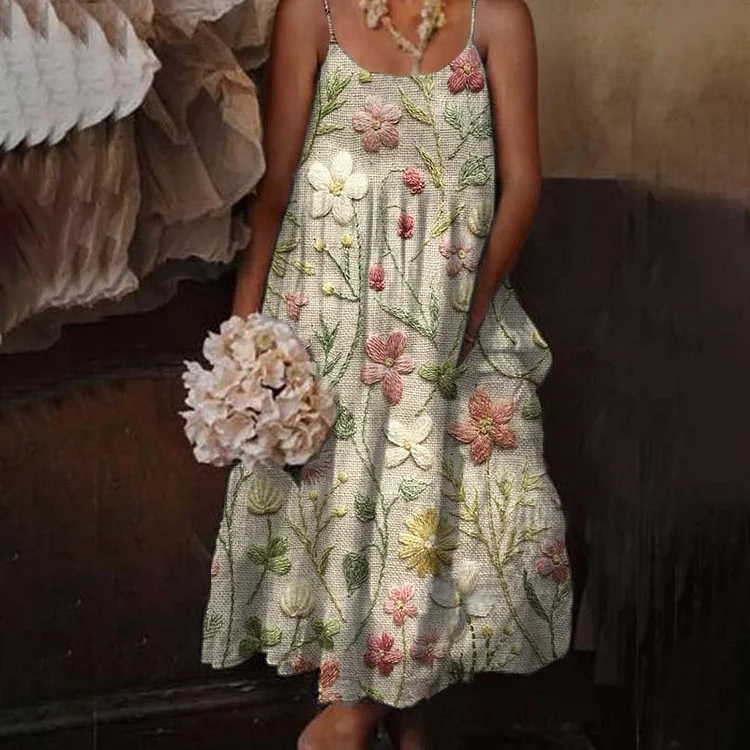 VChics Vintage Palazzo Floral Printed Sleeveless Loose Maxi Dress