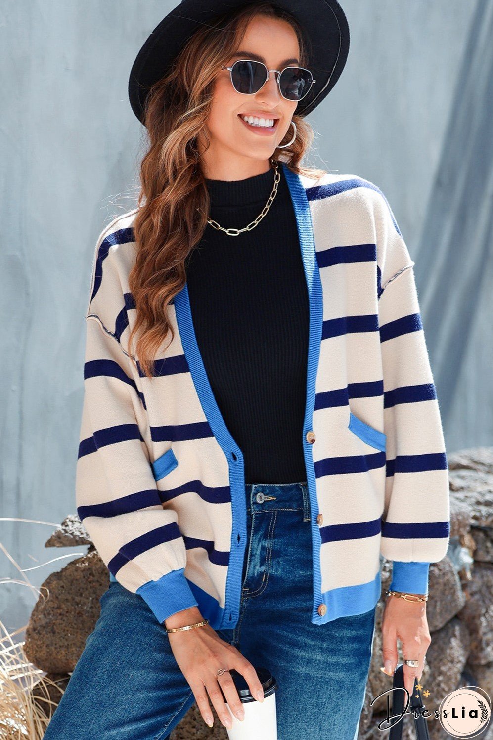Striped Button Up Long Sleeve Cardigan