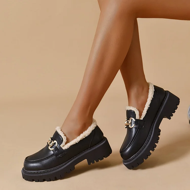 Classic Round Toe Buckle Shoes Women's Block Heel Fleece Loafer Pumps |FSJ Shoes