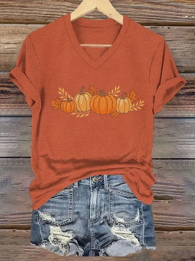 Women's Thanksgiving Autumn Leaves  Pumpkin Printed Tee 
