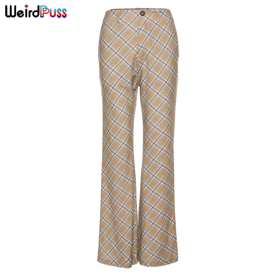 Weird Puss Korean Women Plaid High Waist Wide Leg Pants Baggy Casual Button Pocket Streetwear Fashion Loose Elegance Trousers