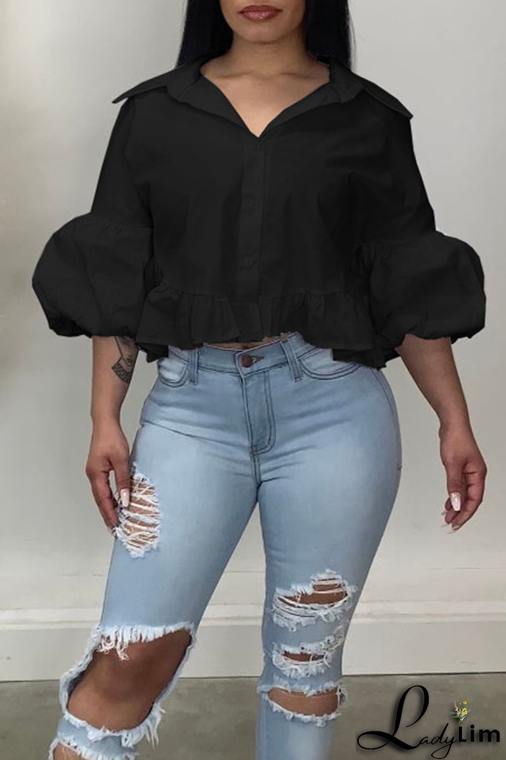 White Casual Solid Split Joint Buckle Turndown Collar Tops