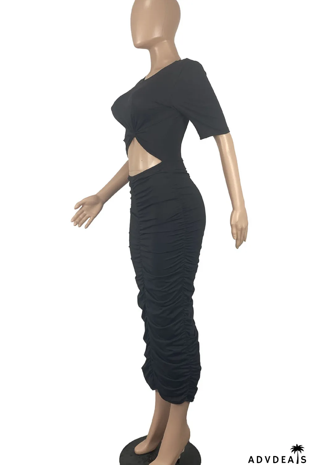 Tangerine Casual Solid Hollowed Out Patchwork Fold O Neck One Step Skirt Dresses