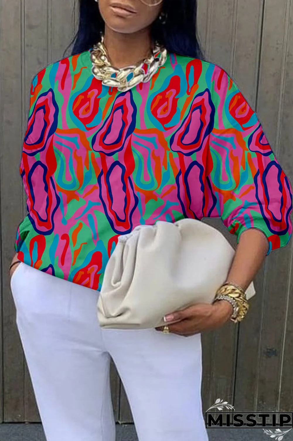 Blue Casual Street Print Patchwork O Neck Tops